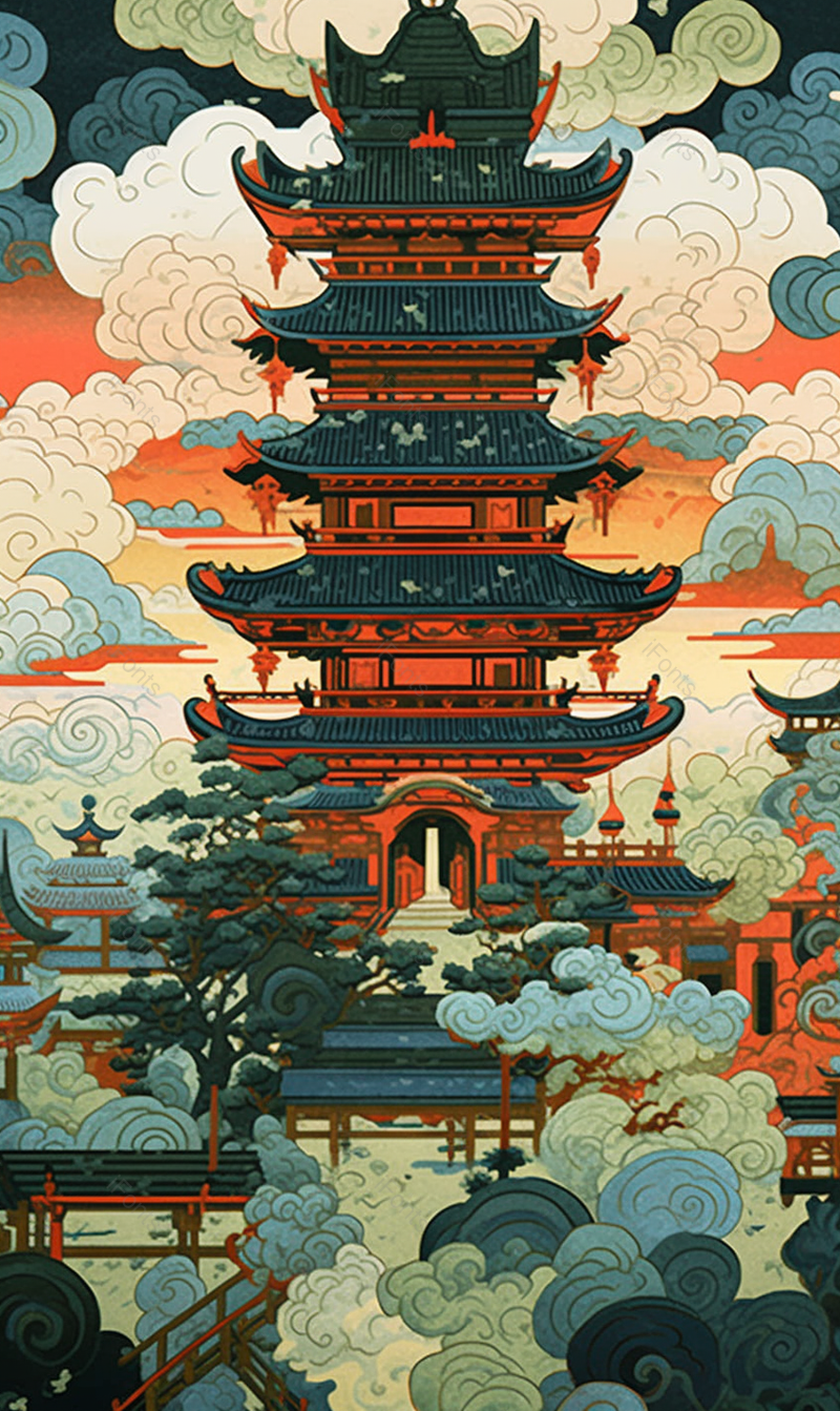 中国风古楼腾云插画背景,插画/手绘图,插画/手绘图库,插画/手绘图下载,插画/手绘